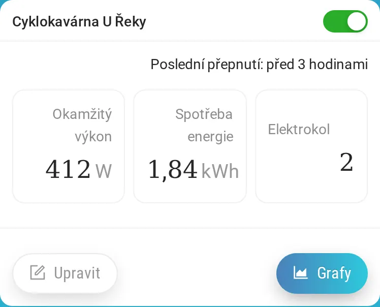 Karta stanice: okamžitý výkon 412 W, spotřeba 1,84 kWh, 2 elektrokola, přepínač zapnutí