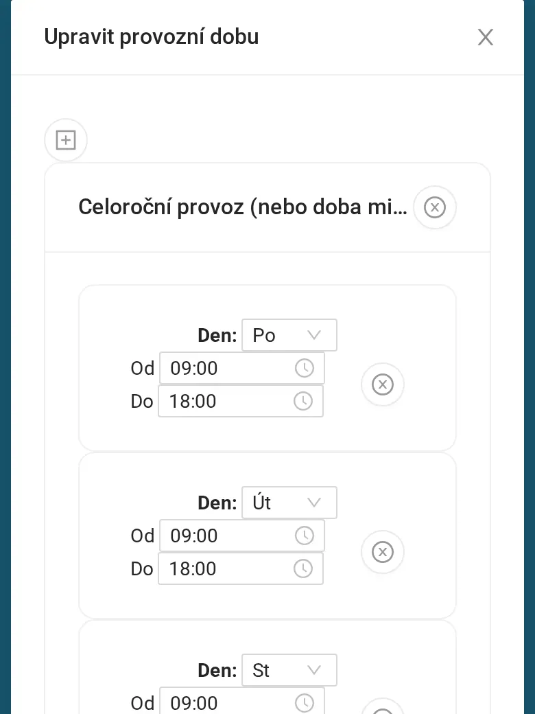 Úprava provozní doby: dny v týdnu s časem od a do