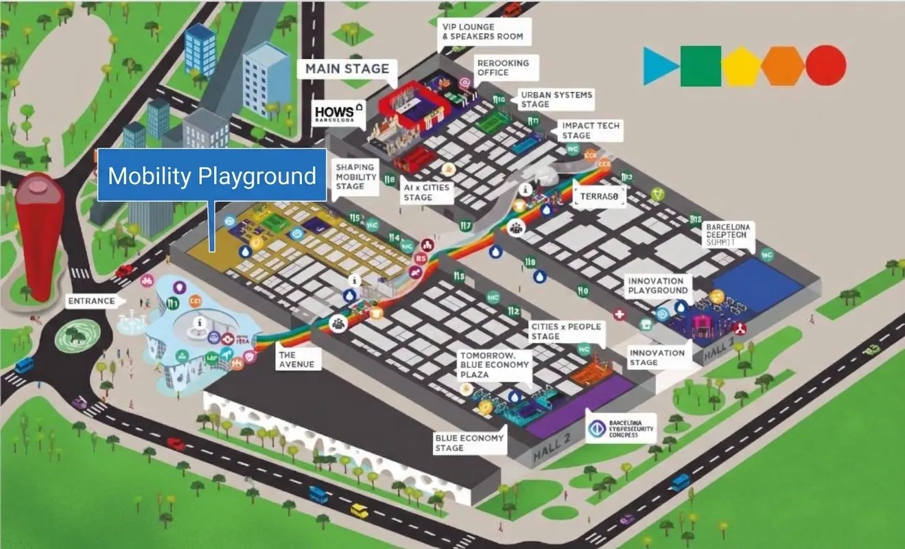 Plánek areálu Fira Barcelona Gran Via na Smart City Expo World Congress 2026 se zvýrazněným pavilonem Mobility Playground